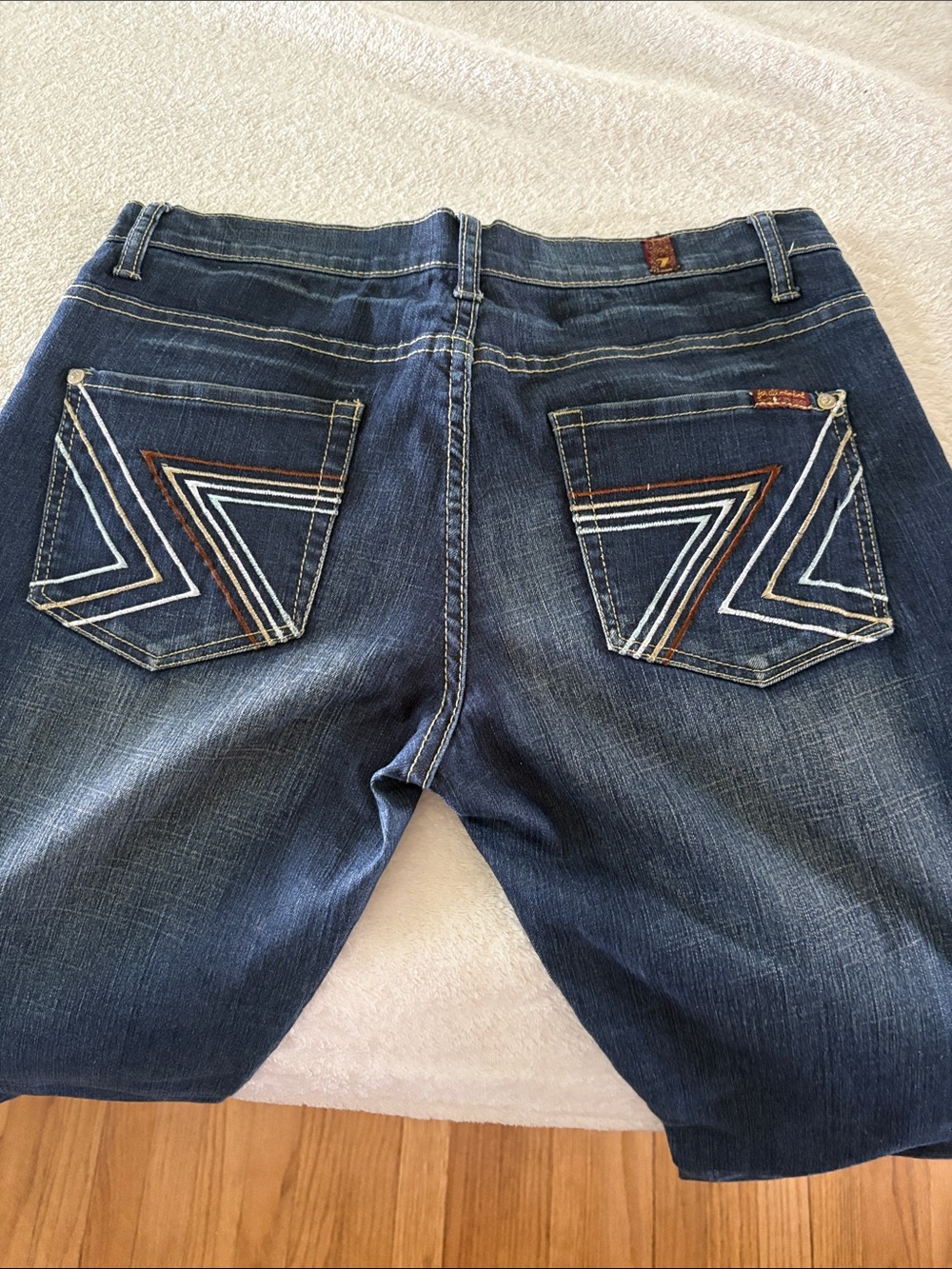 7 For All Mankind Dark Blue Denim Jeans with White and Brown Pocket Stitching